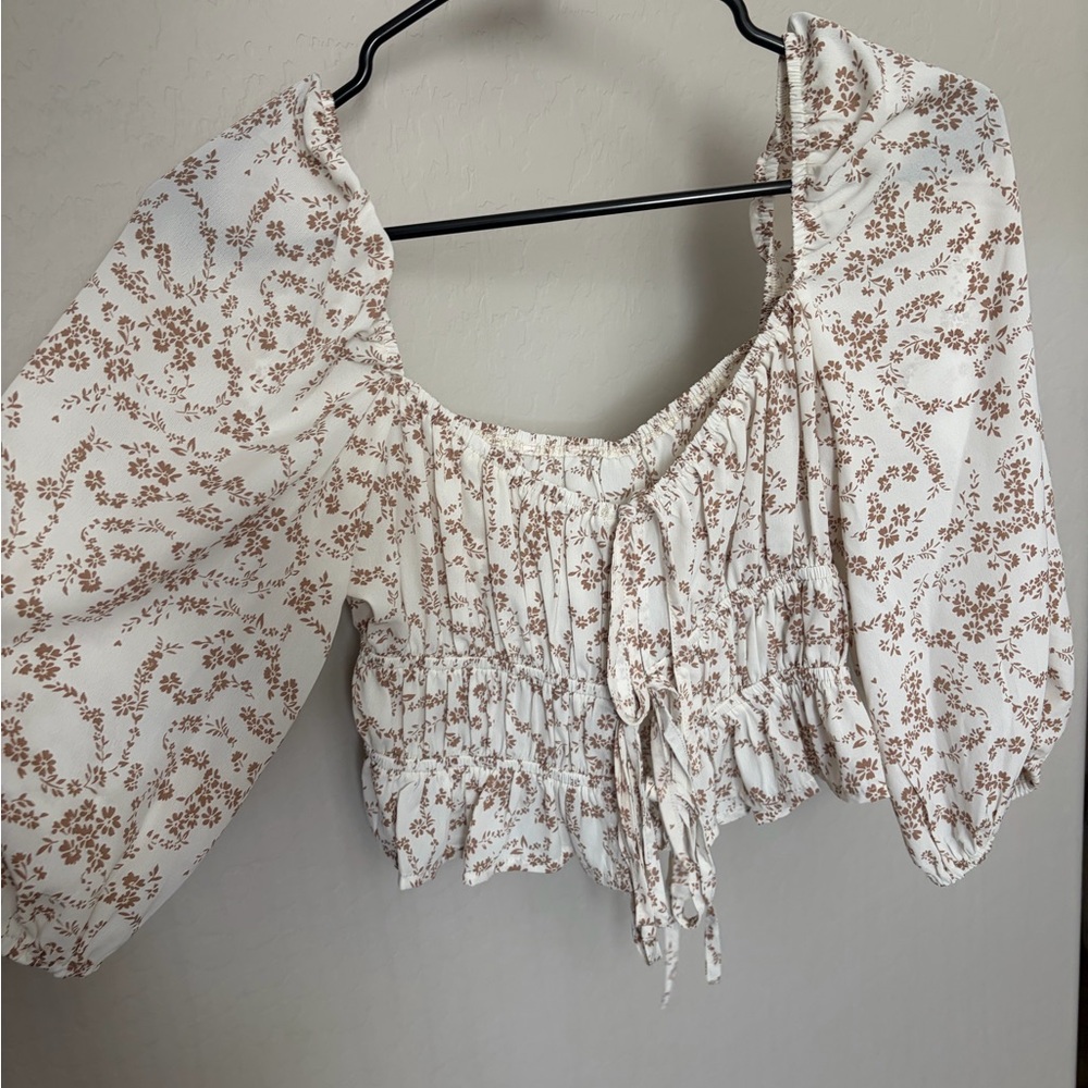Smocked Floral Peasant Top in Cream and Brown